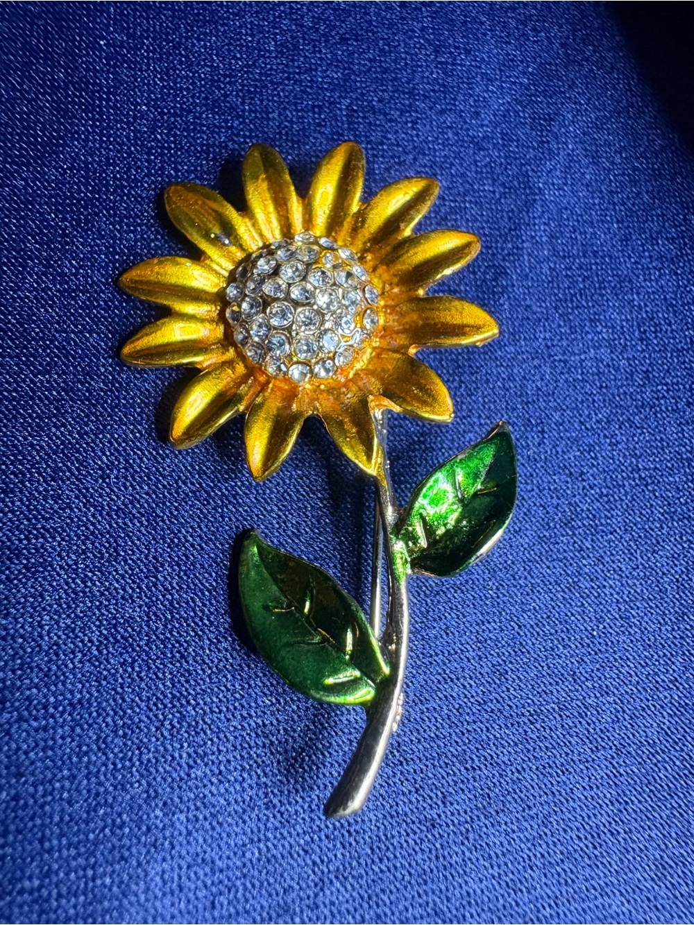 Brooch Gold Sunflower Crystal Center Green Leaves